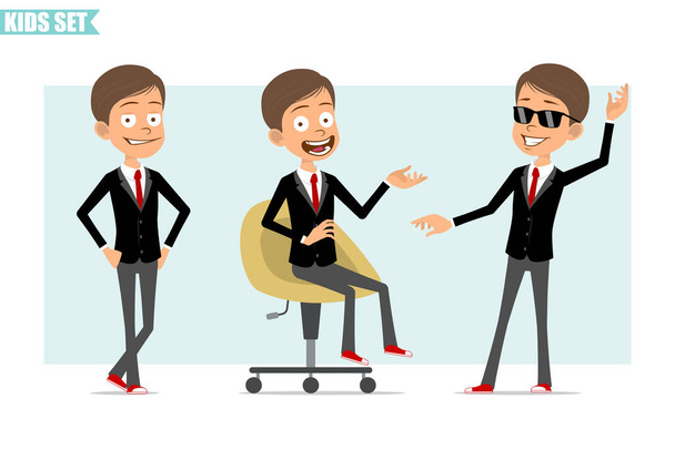 Cartoon flat funny business boy character in black jacket with red tie. Kid smiling, posing on photo and resting on chair. Ready for animation. Isolated on gray background. Vector set. - Vektor, Bild