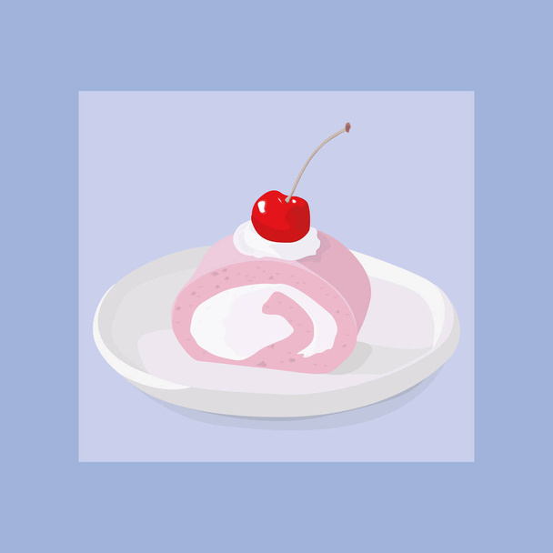 Pink cream roll with cherry. Japanese cake with cream. Korean dessert. Traditional sweet dessert vector illustration. - Вектор, зображення