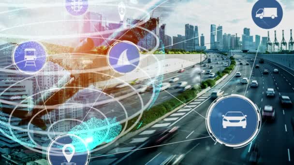 Koncepcja inteligentnej technologii transportowej dla przyszłego ruchu samochodowego na nowej drodze miejskiej - Materiał filmowy, wideo