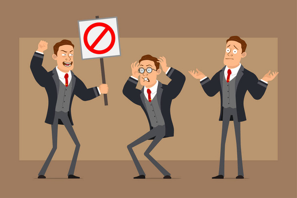 Cartoon flat funny strong business man character in black coat and tie. Boy angry, misunderstanding and holding no entry stop sign. Ready for animation. Isolated on brown background. Vector set. - Vetor, Imagem