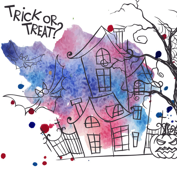 Halloween Monster House con murciélago y calabazas
 - Vector, Imagen