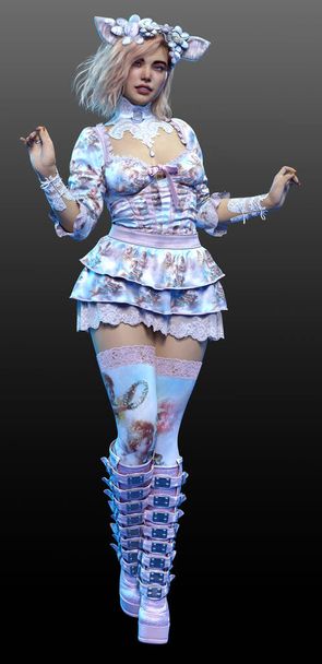 Fantasía Kawaii Chica Rubia, BBW Curvy, Vestido Boho Pastel - Foto, Imagen