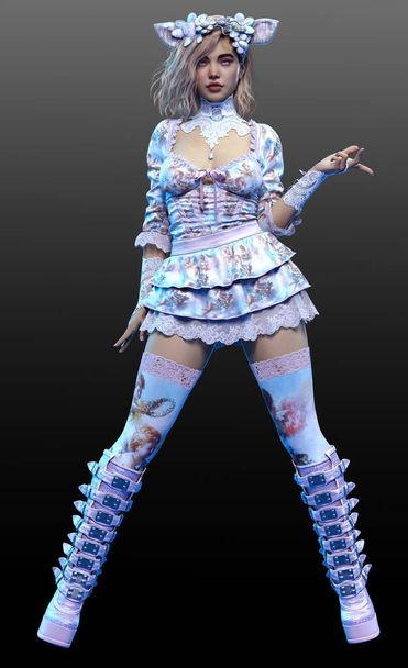 Fantasy Kawaii Blonde Girl, BBW Curvy, Pastel Boho Dress - Photo, Image