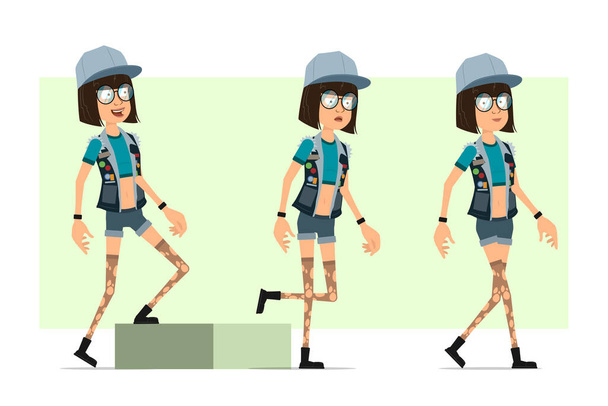 Cartoon flat funny hipster girl character in trucker cap, glasses and jeans shorts. Ready for animation. Successful tired girl walking to her goal. Isolated on olive background. Vector set. - ベクター画像