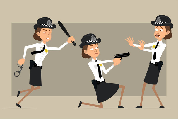 Rajzfilm lapos brit rendőr nő karakter fekete kalap és egyenruha jelvénnyel. Egy lány, aki gumibottal rohangál és pisztollyal lő. Készen állok az animációra. Szürke háttérrel. Vektorkészlet. - Vektor, kép