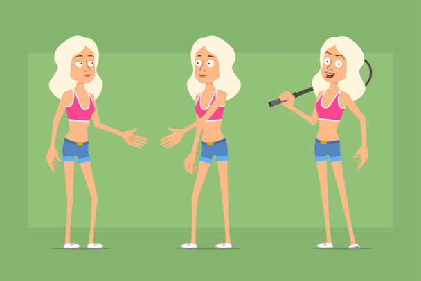 Cartoon flat funny sport woman character in shirt and jeans shorts. Girl shaking hands and holding tennis racket. Ready for animation. Isolated on green background. Vector set. - Διάνυσμα, εικόνα
