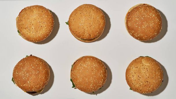 Top view of six classic tasty burgers in rows - Фото, изображение