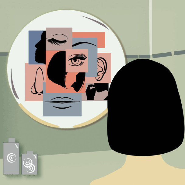 Женщина, смотрящая на свое лицо в зеркало
.  - Фото, изображение