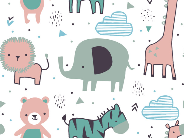 Baby animals. Hand draw illustration. seamless pattern with animals and clouds,kids print for textiles, wrapping , wallpaper etc. - Foto, imagen