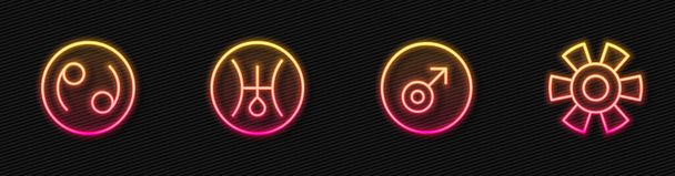 Set line Mars symbol, Cancer zodiac, Symbol Uranus and Sun. Glowing neon icon. Vector - Vector, afbeelding