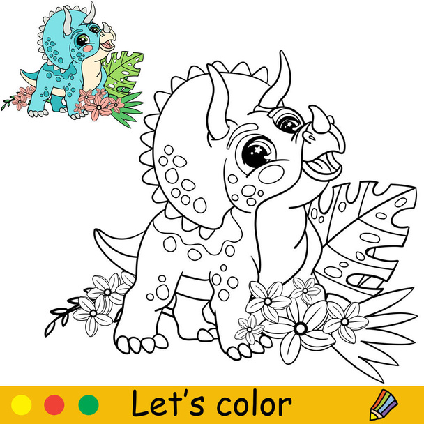 Desenhos animados bonito bebê dinossauro Triceratops com plantas tropicais. Desenho de livro para colorir com modelo colorido para crianças. Ilustração isolada do vetor. Para colorir livro, impressão, jogo, festa, design - Vetor, Imagem