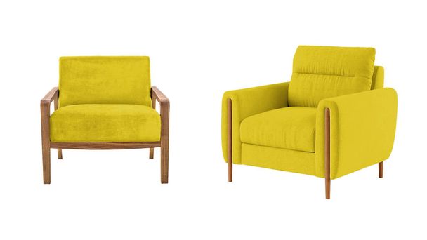 Dwa klasyczne fotele art deco stylu w kolorze żółtym aksamit z drewnianymi nogami izolowane na białym tle z ścieżka wycinania. Seria mebli - Zdjęcie, obraz