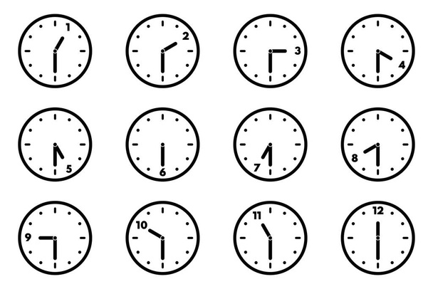 Conjunto de icono de reloj analógico por cada hora y media. Reloj de 12 horas. Versión de las horas y media. Ilustración vectorial - Vector, imagen