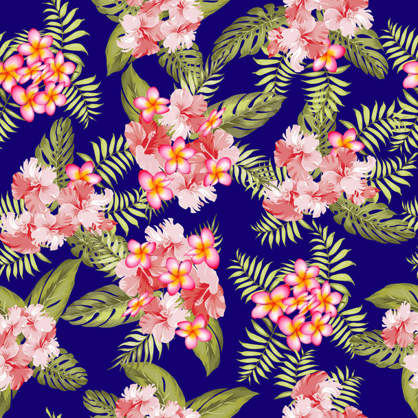 Vector seamless pattern of green tropical leaves with plumeria and hibiscus flowers on background. Seamless tropical pattern - Vector, afbeelding