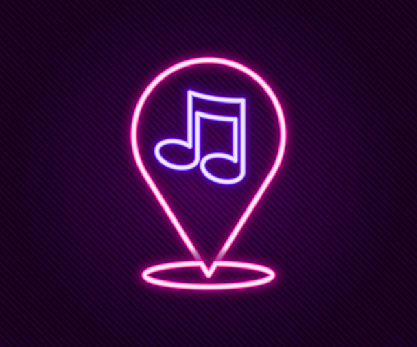 Leuchtende Leuchtschrift Location Musiknote Symbol isoliert auf schwarzem Hintergrund. Musik und Soundkonzept. Buntes Rahmenkonzept. Vektor - Vektor, Bild