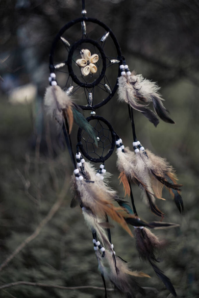Dreamcatcher mystical shaman protect amulet. Boho, bohemian style, soft focus. - Photo, Image
