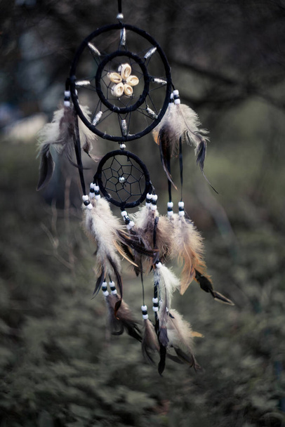 Dreamcatcher mystical shaman protect amulet. Boho, bohemian style, soft focus. - Photo, Image