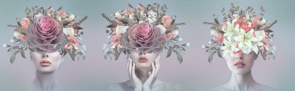 Retrato abstracto de collage de arte contemporáneo de mujer joven con flores - Foto, Imagen