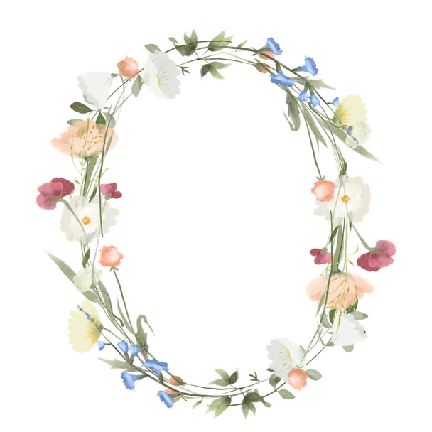 Wreath of watercolor wildflowers and meadow plants, illustrations on a white background - Foto, afbeelding