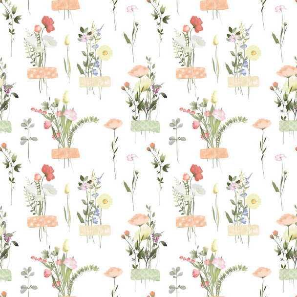 Bezešvé vzor akvarel divoké kytice na skotské, letní herbář, ilustrace na bílém pozadí - Fotografie, Obrázek