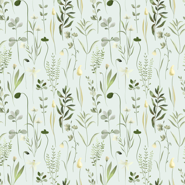 Seamless pattern of watercolor forest greenery and grasses, illustrations on a green background - Fotó, kép