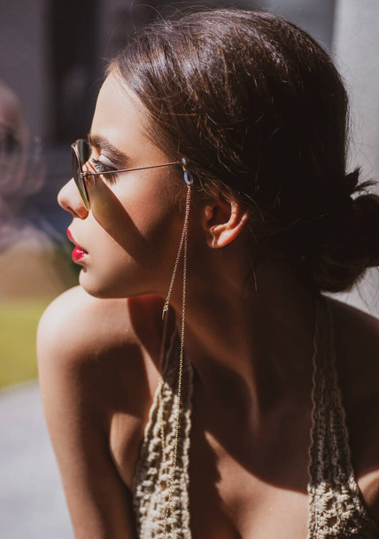 Fashion sunglasses advertising. Sensual woman in glasses. Beautiful female model. Elegant vogue. - Valokuva, kuva