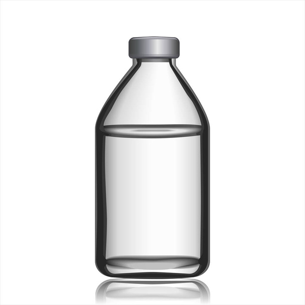 Шаблон прозрачной стеклянной бутылки с алюминиевой крышкой, наполненной дистиллированной водой или физраствором. Собираю вещи для лекарств. Белый стеклянный медицинский макет для лекарств. Растровая иллюстрация. - Фото, изображение