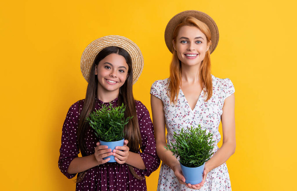 happy mother and daughter with potted plant on yellow background - 写真・画像