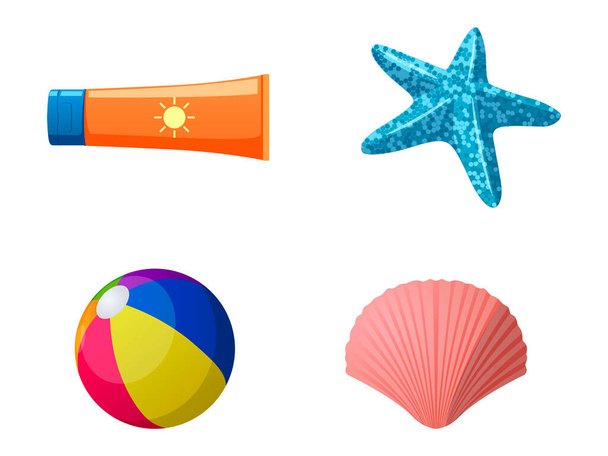 Sun Screen, Starfish, Beach Ball та Sea shell Isolated Illustrations Set - Вектор, зображення