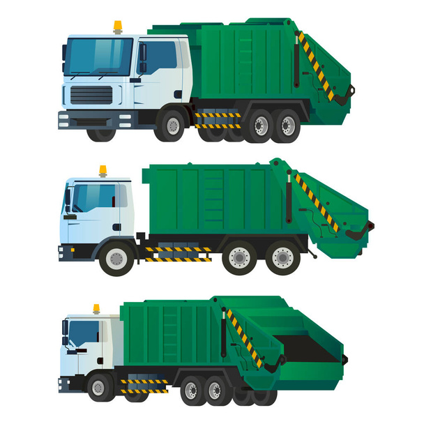 Müllwagen Vorder-, Seiten- und Rückansicht Vektorillustration - Vektor, Bild