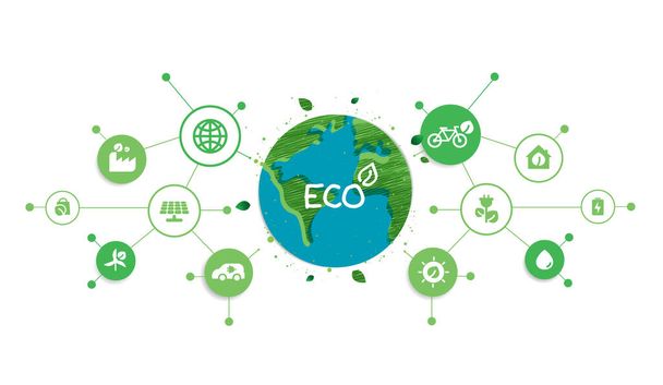 Energy saving eco technology nature concept with icons. think green ecology and save energy creative idea concept. environmentally friendly planet. vector design. - Vecteur, image