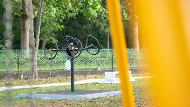 Exercise or fitness equipment outdoor, in the park. Sports workout or outdoor gym concept. - 写真・画像