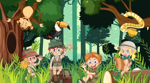 Детский туризм в лесу иллюстрация - Вектор,изображение