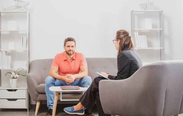 Psychology, mental therapy, psychologist with man at psychotherapy session on psychological consultation. Middle aged man problem therapy. - Photo, Image