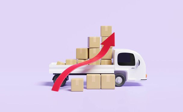 3d white delivery truck with arrow graph goods cardboard box isolated on purple background. transportation, shipping, high inflation, expensive, raise the price concept, 3d render illustration - Foto, immagini