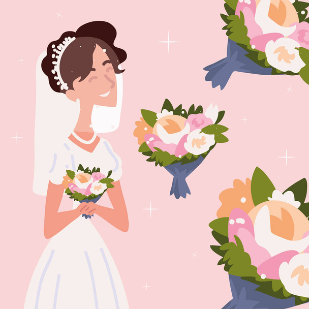 wedding bride with flowers - Διάνυσμα, εικόνα