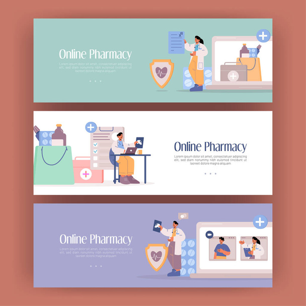 Online pharmacy service posters - Διάνυσμα, εικόνα