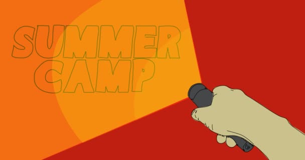 Flashlight illuminates Summer Camp text. Hand holding pocket LED electric lamp. Abstract animated video. - Materiał filmowy, wideo