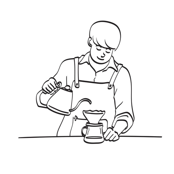 Professional man barista is making drip brewing illustration vector hand drawn isolated on white background line art. - Vektori, kuva