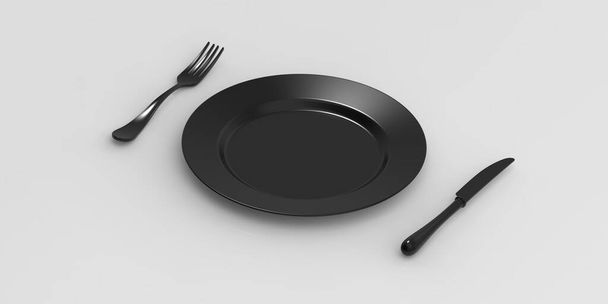Bowl of black color on a gray background. Next to the plate is a gray knife and fork. Table items. Banner for insertion into site. Horizontal image. 3D image. 3D rendering. - Foto, Imagem