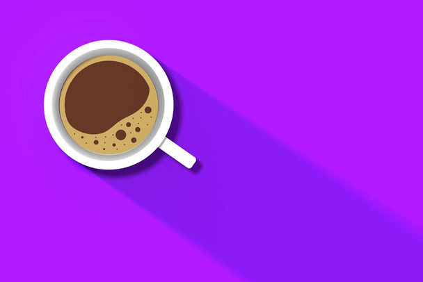 una taza de café blanco sobre fondo violeta. sombra larga de la taza. bebida vigorizante. imagen horizontal. Imagen 3D. Renderizado 3D. - Foto, Imagen