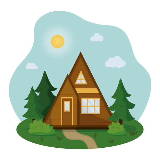 Tájkép háromszög apró ház kényelmes kemping erdőben. Környezetbarát pihenés koncepció. Vektorlapos illusztráció - Vektor, kép