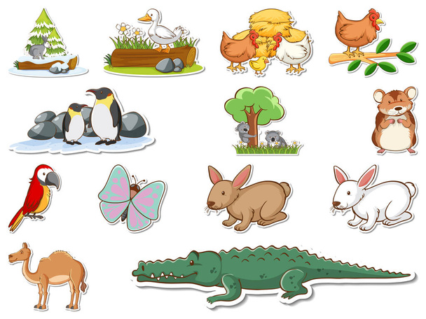 Sticker set of cartoon wild animals illustration - Вектор,изображение