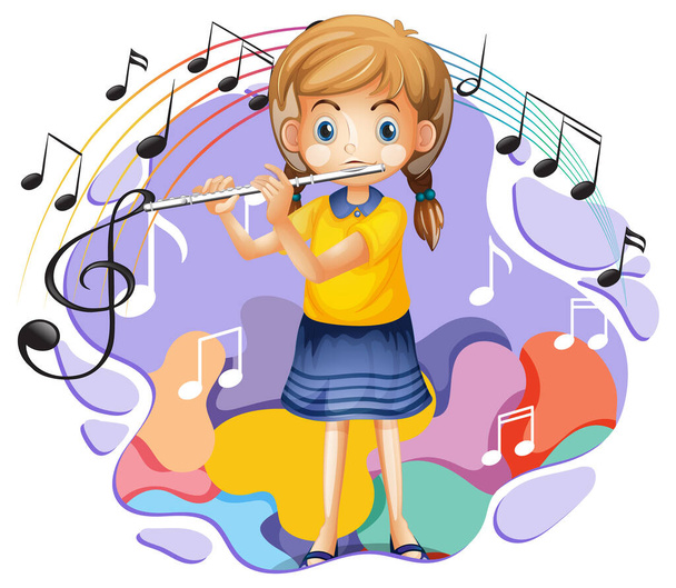 A girl playing flute and music melody symbols illustration - Vektor, Bild
