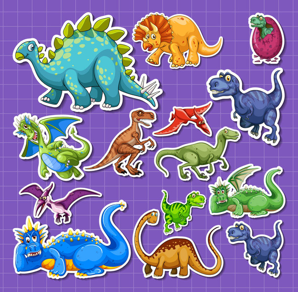 Sticker set of different dinosaur cartoon characters illustration - Vektor, kép