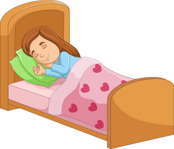Ilustração vetorial de Cartoon menina dormindo na cama - Vetor, Imagem