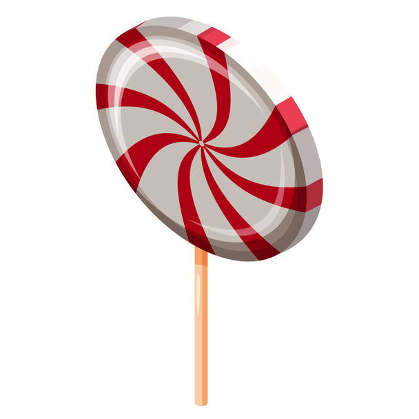 Lollipop Swirl Candy Spiral Isometric. Sweet spiral striped caramel, on stick, vector cartoon style - Вектор,изображение