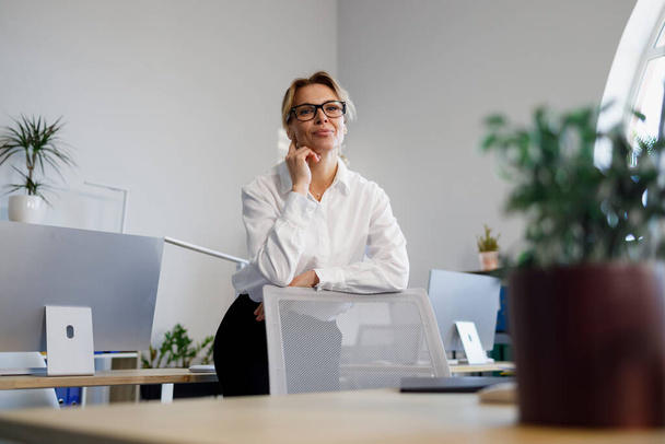 Joyful mature business woman leaning against the back of the chair in the office. Portrait of - Foto, Bild