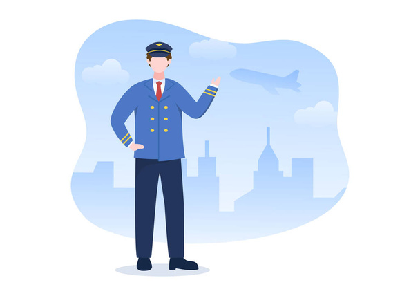 Pilot Cartoon Vector Illustration with Airplane, Air Hostess, City or Airport Background Design - Vector, afbeelding