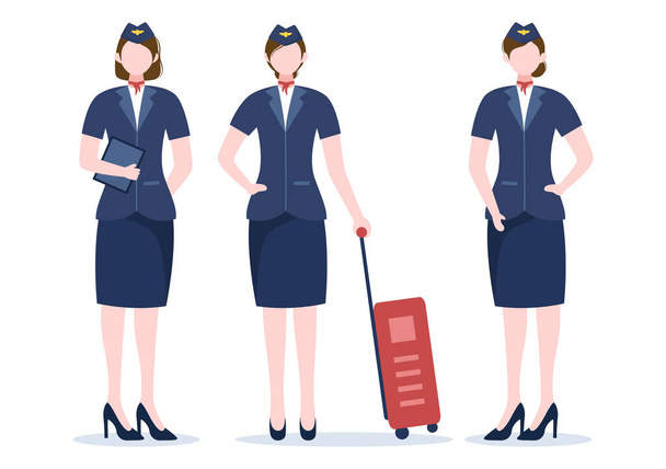 hostess o hostess aerea con uniforme blu e portare una valigia all'aeroporto in illustrazione vettoriale del fumetto - Vettoriali, immagini